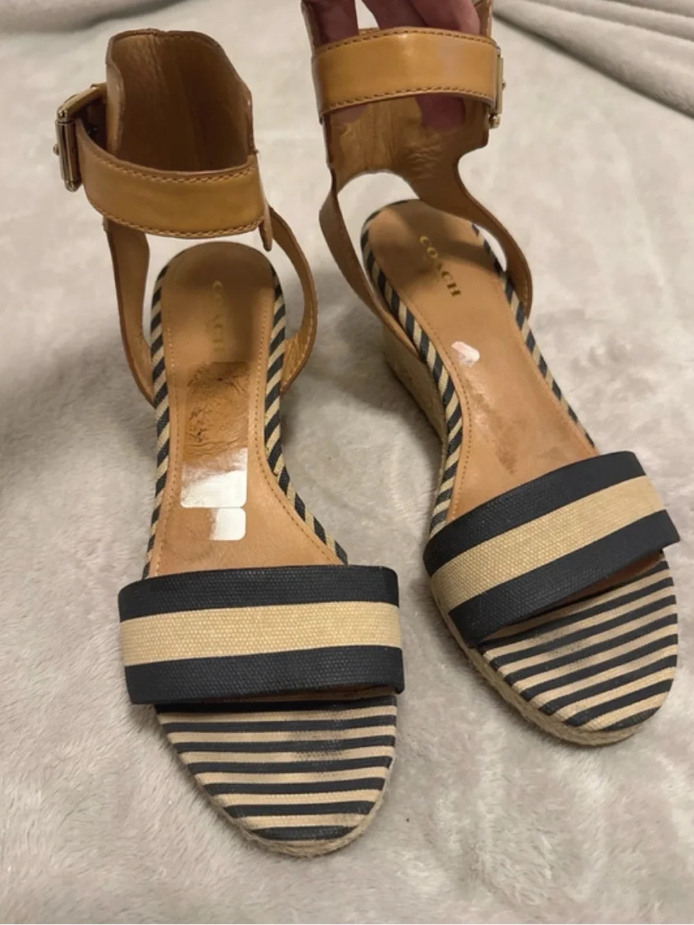 Coach Helen Striped Esoadrilles Wedge Sandals Leather Ankle Strap Size 9